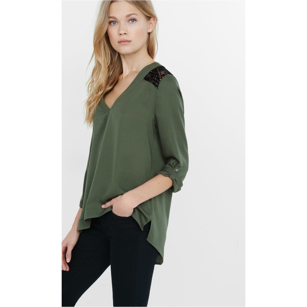 EXPRESS NWOT Deep V-neck Lace Back Blouse in Olive